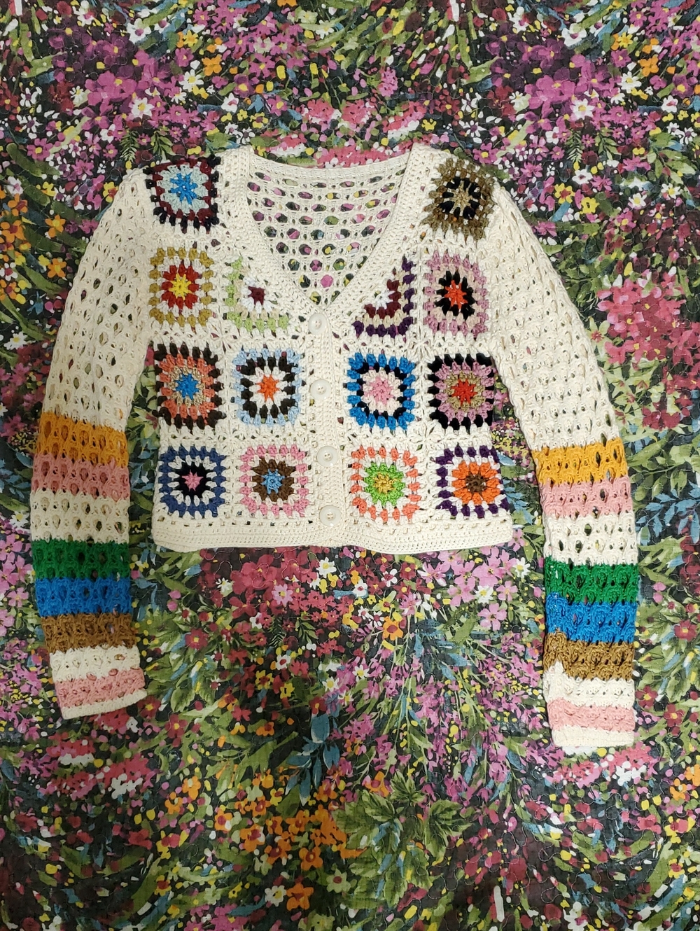 crocheted multi-color v-neck women’s sweater size L